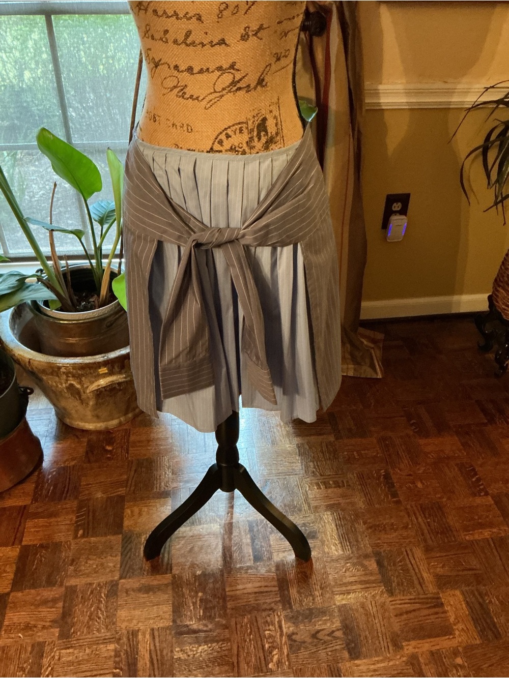Light Blue Pleated Skater Skirt with Pinstripe Tie Waist